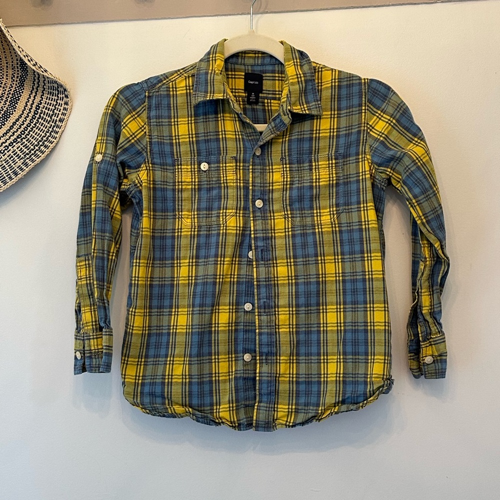 GAP boys Yellow and Blue Plaid Button-Up Shirt size 8